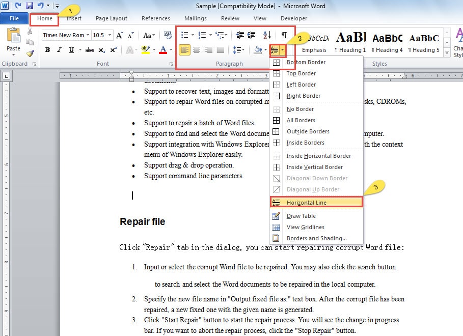 insert a horizontal line in word for mac 2016
